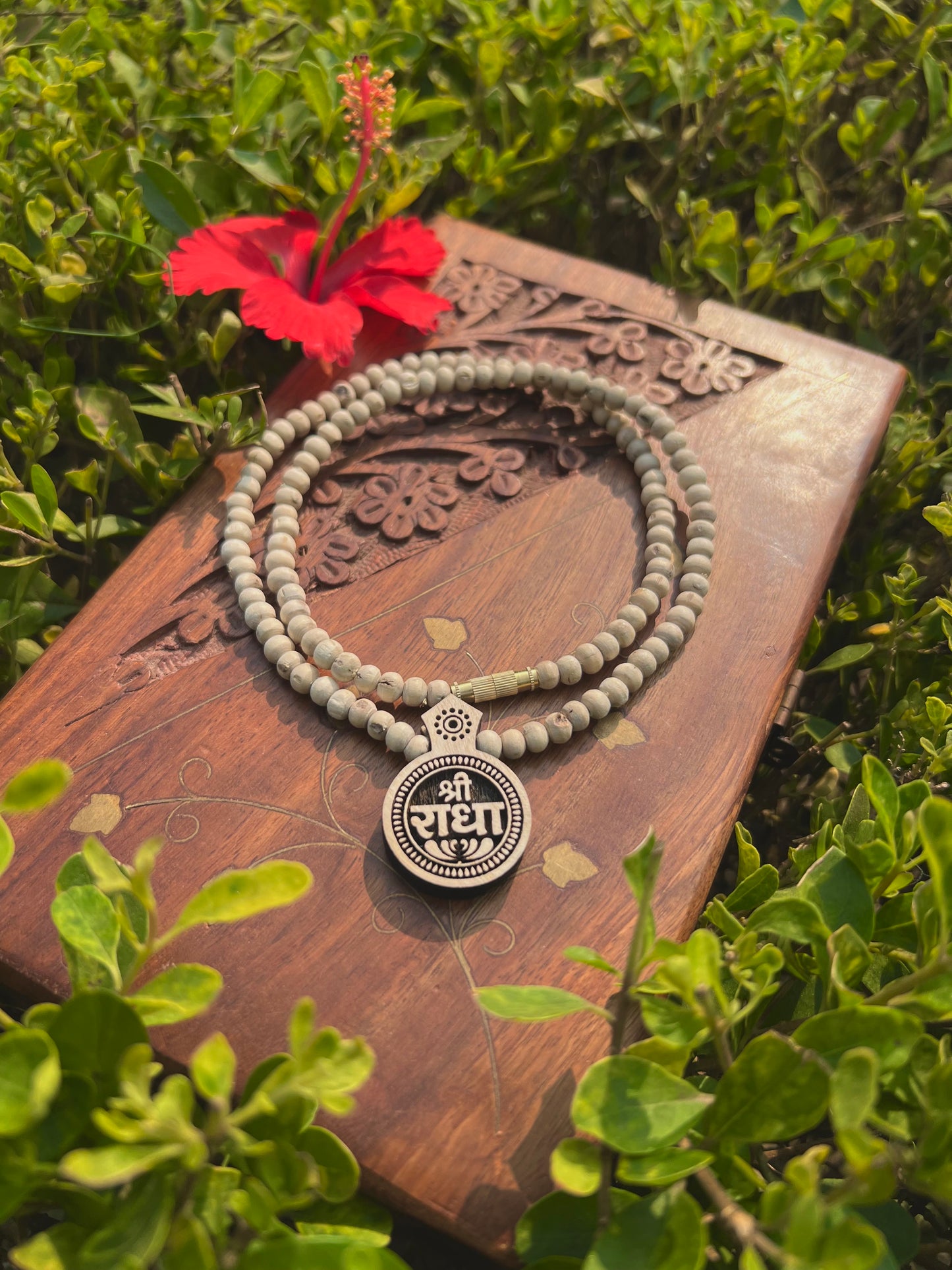Shri Radha Tulsi Wood Locket Kanthi Mala – Original Tulsi Beads | 20 Inch Spiritual Necklace from Vrindavan