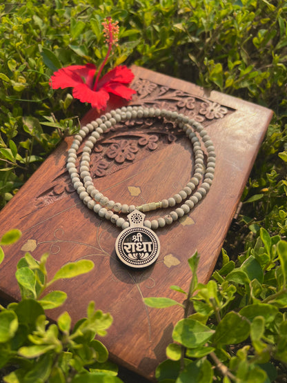 Shri Radha Tulsi Wood Locket Kanthi Mala – Original Tulsi Beads | 20 Inch Spiritual Necklace from Vrindavan