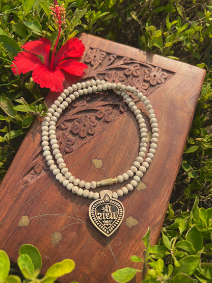Shri Radha Tulsi Wood Locket Kanthi Mala – Original Tulsi Beads | 20 Inch Spiritual Necklace from Vrindavan