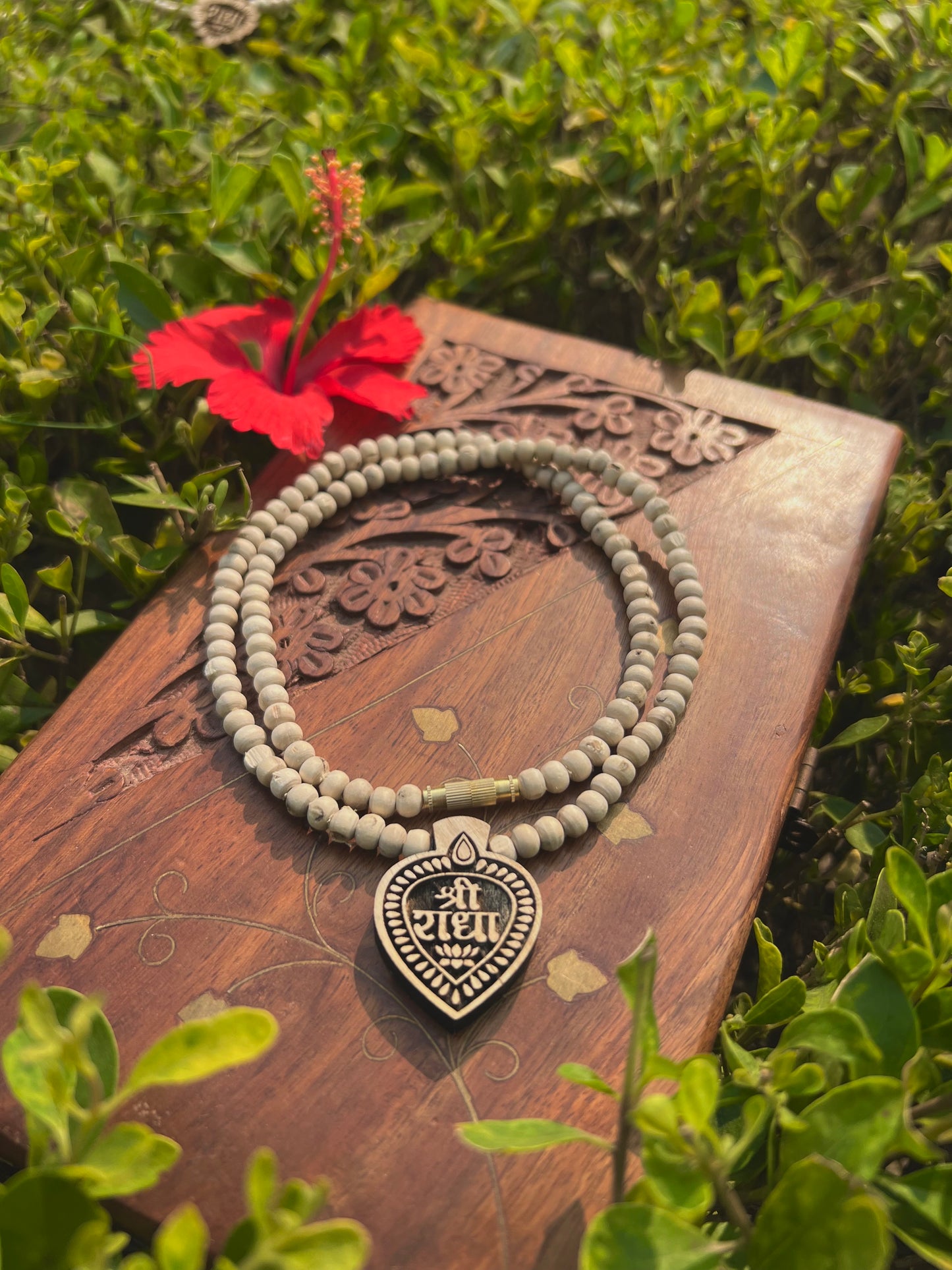 Shri Radha Tulsi Wood Locket Kanthi Mala – Original Tulsi Beads | 20 Inch Spiritual Necklace from Vrindavan