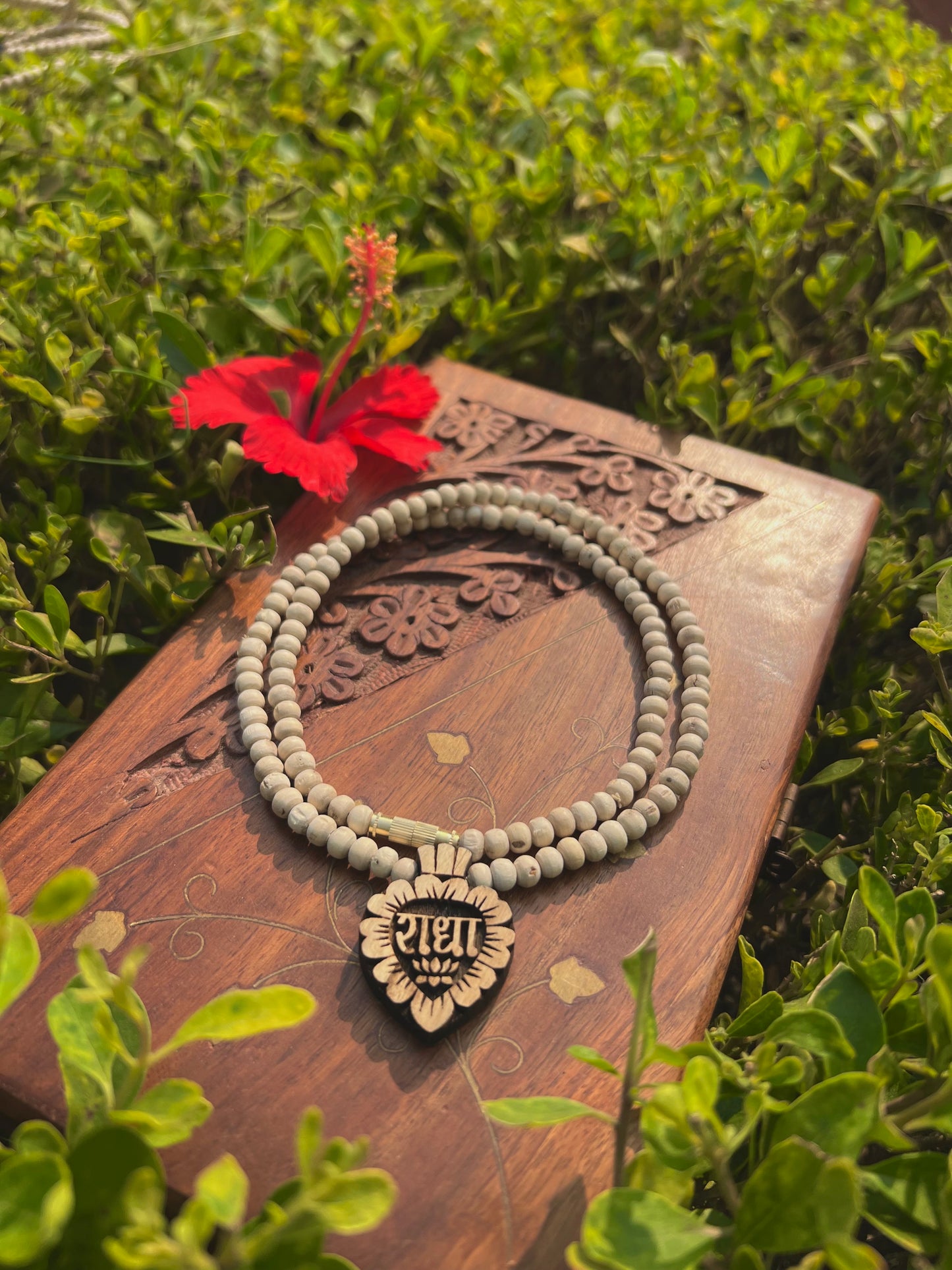 Shri Radha Tulsi Wood Locket Kanthi Mala – Original Tulsi Beads | 20 Inch Spiritual Necklace from Vrindavan