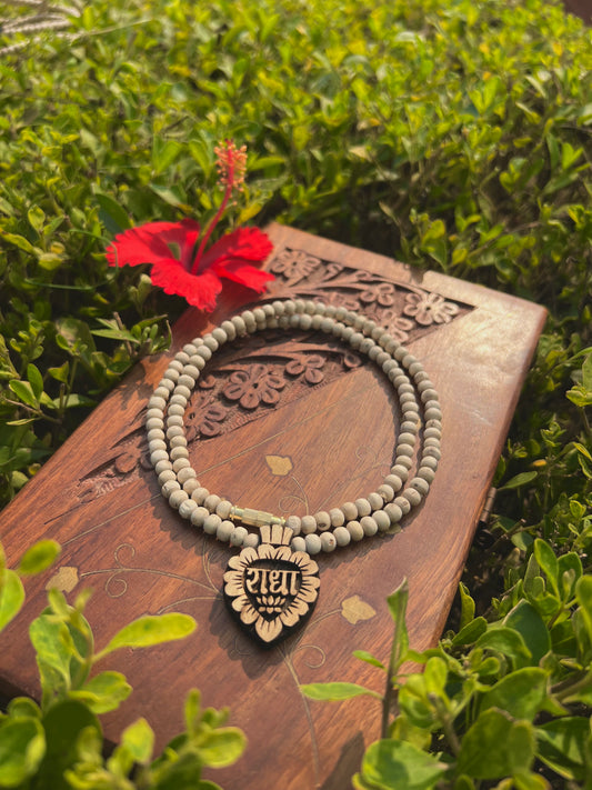 Shri Radha Tulsi Wood Locket Kanthi Mala – Original Tulsi Beads | 20 Inch Spiritual Necklace from Vrindavan